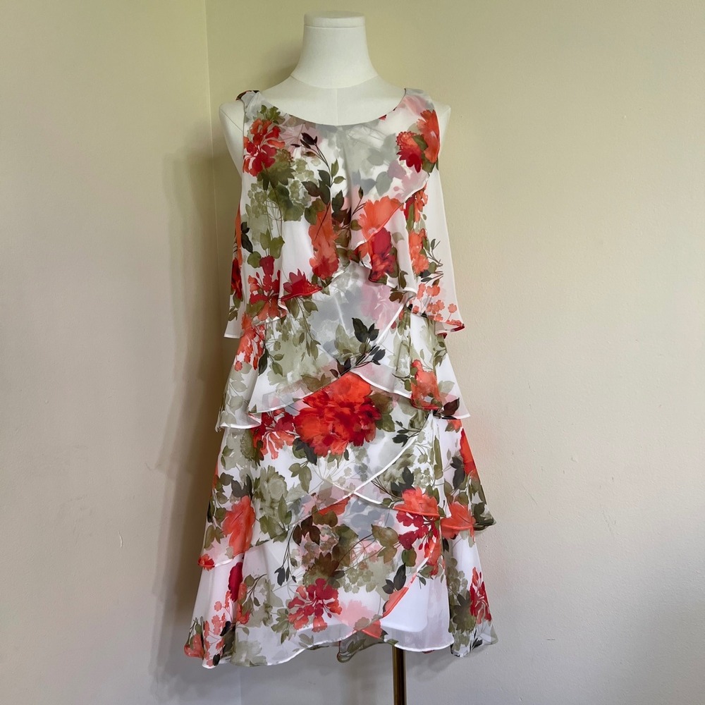 SL Fashions Floral Tiered Sleeveless Chiffon Dress Orange Red Green Size 10